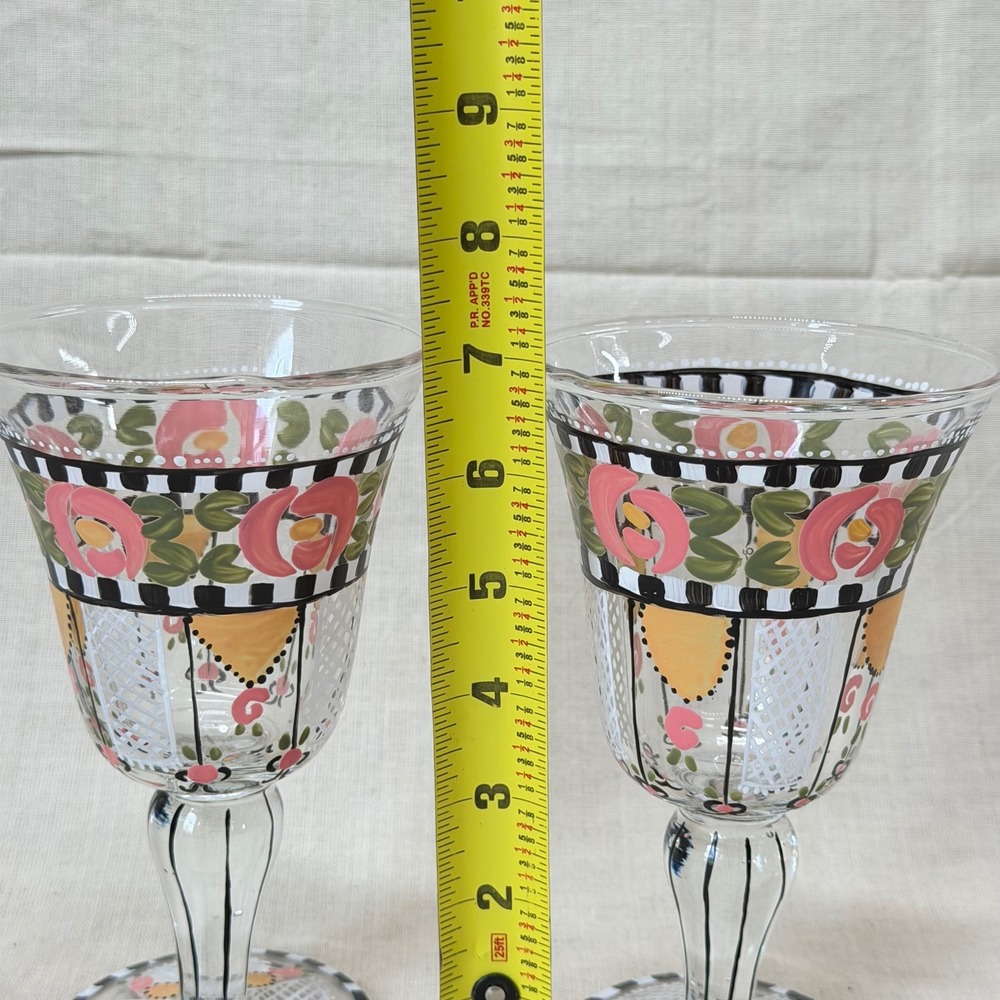 Vintage Mary Engelbreit Hand Painted Wine Goblets Pair Colorful Floral Glasses - Picture 5 of 8